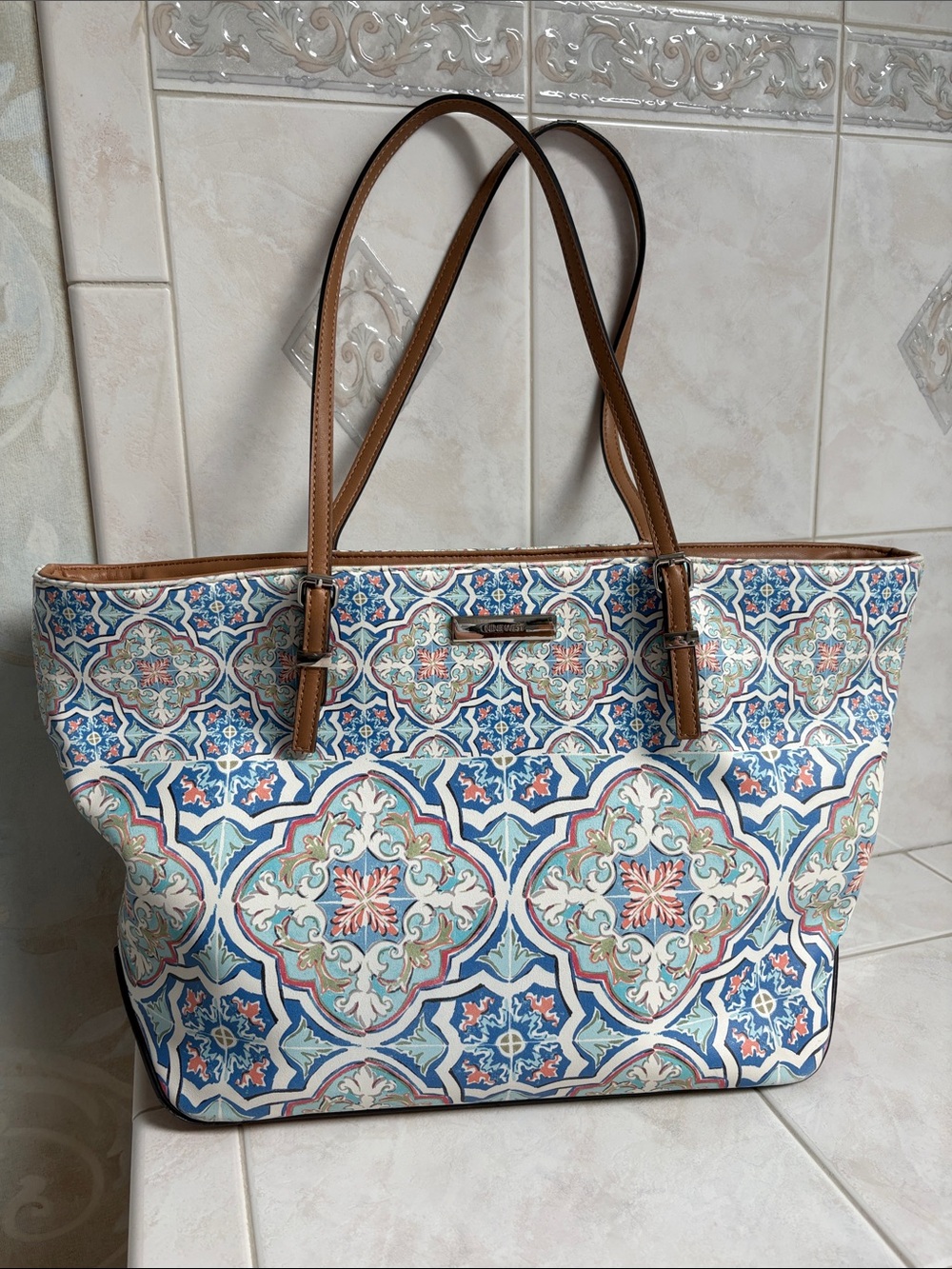 Nine West Vintage Large Blue Floral Mosaic Tote with Brown Trim